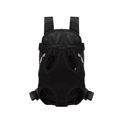 Black front-carry mesh pet backpack, empty, front view on white background