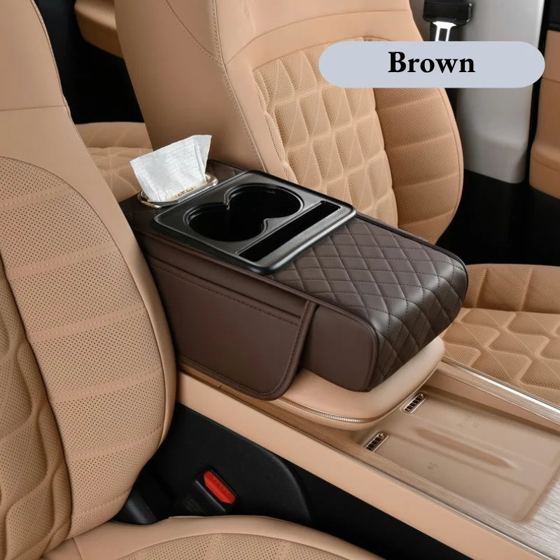 Brown colorway of the quilted armrest cushion with cup holder tray and tissue box, labeled Brown