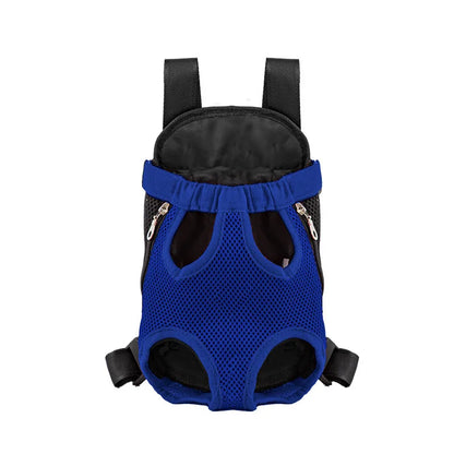Royal blue front-carry mesh pet backpack, empty, front view on white background