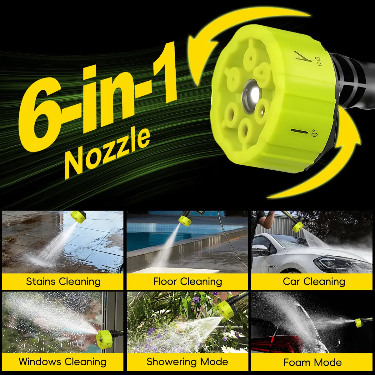 6-in-1 nozzle shown with example uses: stains, floor, car, window, garden, and foam cleaning