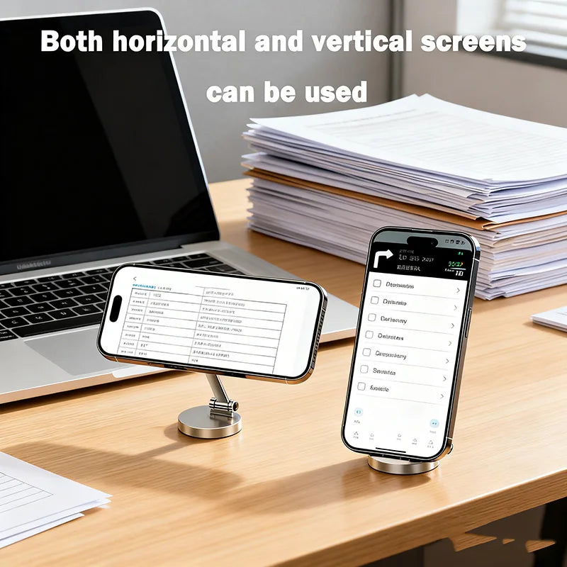 Two phones mounted on a wooden desk beside a laptop, one in landscape and one in portrait orientation