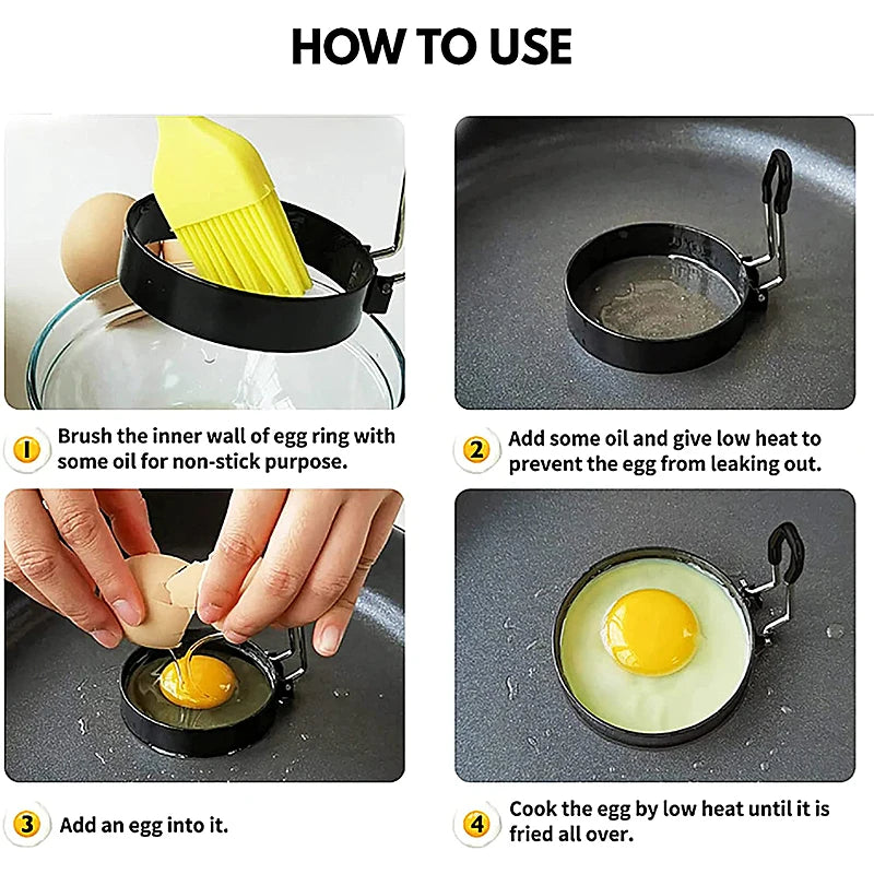 Four-step how-to-use graphic showing oiling the ring, heating, cracking an egg in, and the finished fried egg