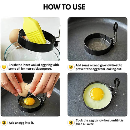 Four-step how-to-use graphic showing oiling the ring, heating, cracking an egg in, and the finished fried egg