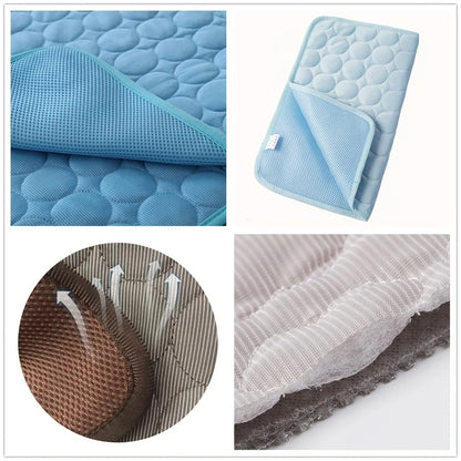 Four close-up details: folded corner showing quilted top and mesh underside, folded mat, stitched edge, and frayed mesh backing