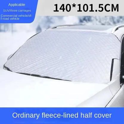 Cover on a snow-covered windshield labeled 140 by 101.5cm, ordinary fleece-lined half cover