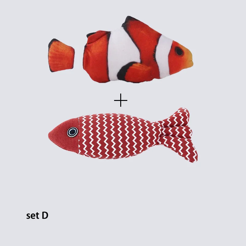Realistic clownfish-print plush toy paired with a red striped fabric fish toy, labeled set D