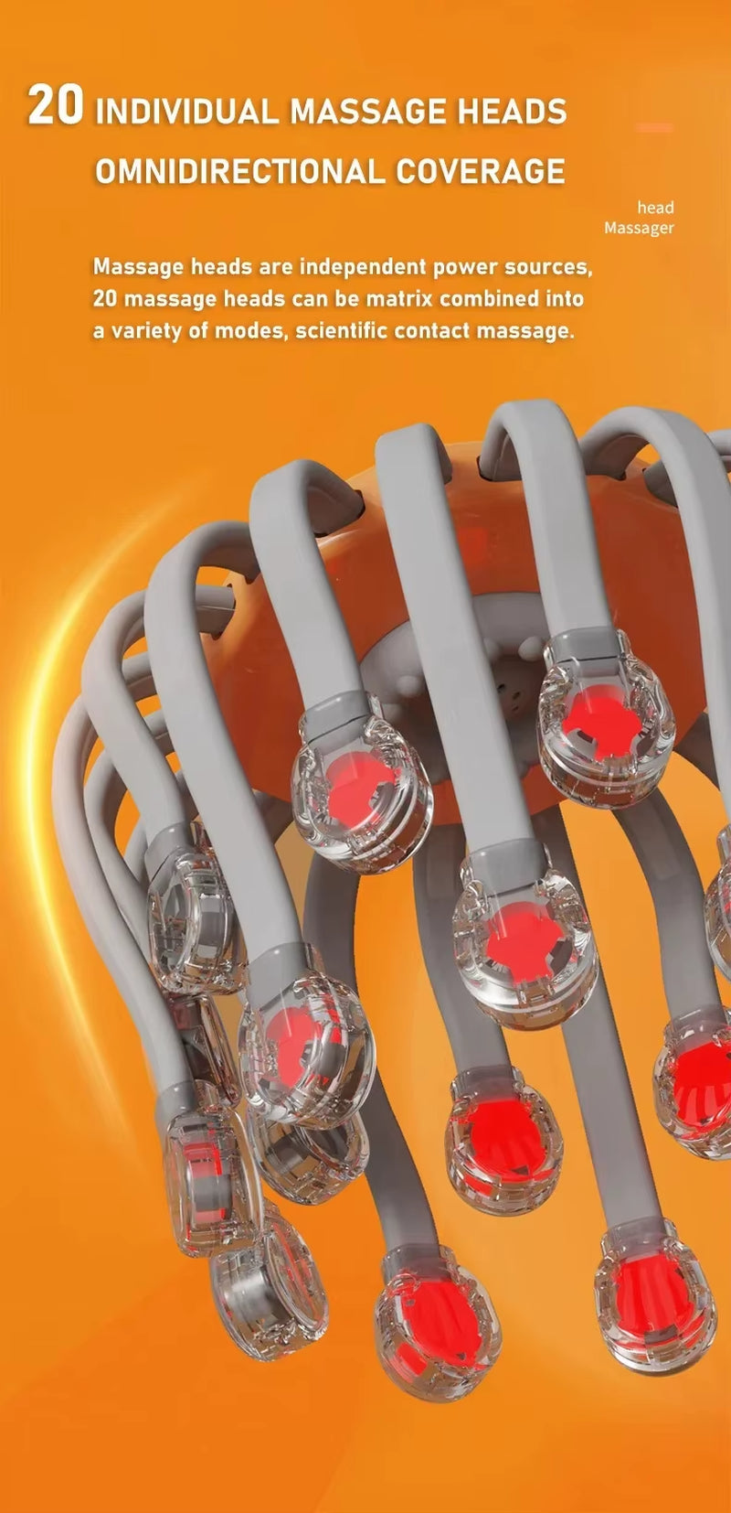 Close-up of the scalp massager's 20 individual massage heads with red light detail
