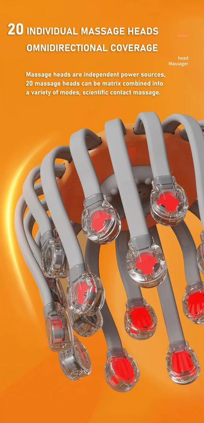 Close-up of the scalp massager's 20 individual massage heads with red light detail