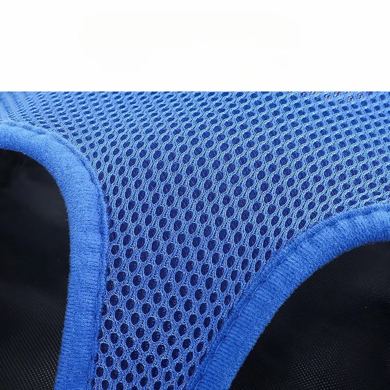 Close-up of the blue mesh fabric texture and stitched leg-hole edge