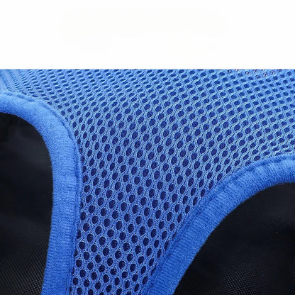 Close-up of the blue mesh fabric texture and stitched leg-hole edge