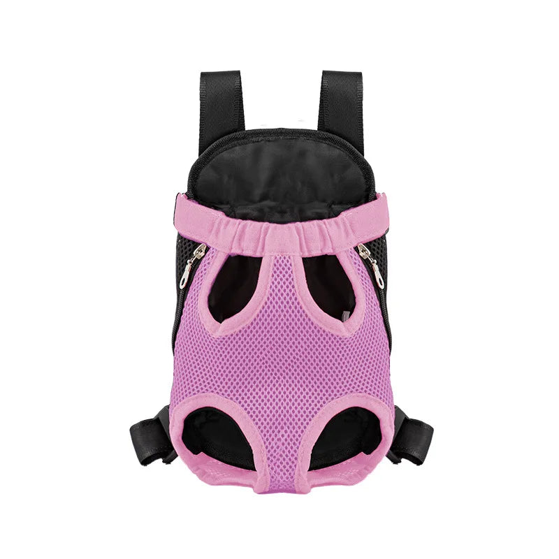 Pink front-carry mesh pet backpack, empty, front view on white background