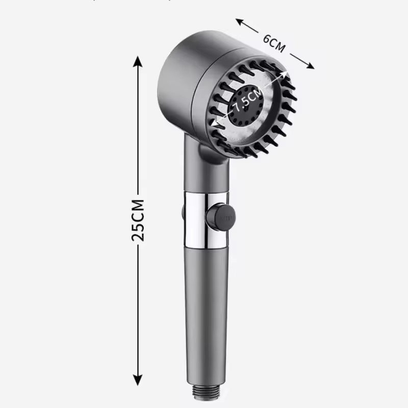 Dimension diagram showing the shower head measuring 25cm long, 6cm wide with a 7.5cm spray head