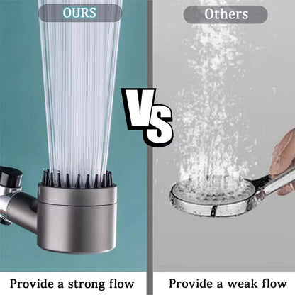 Side-by-side comparison showing this shower head's strong straight flow versus a standard head's weak spray