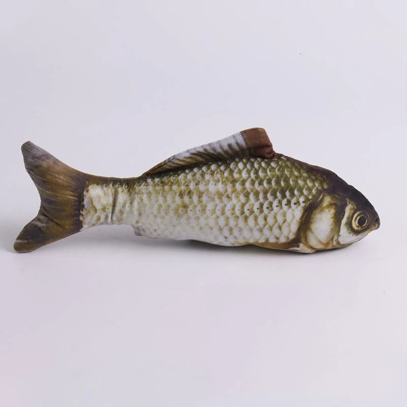 Realistic green and white carp-print plush fish toy, side view on white background