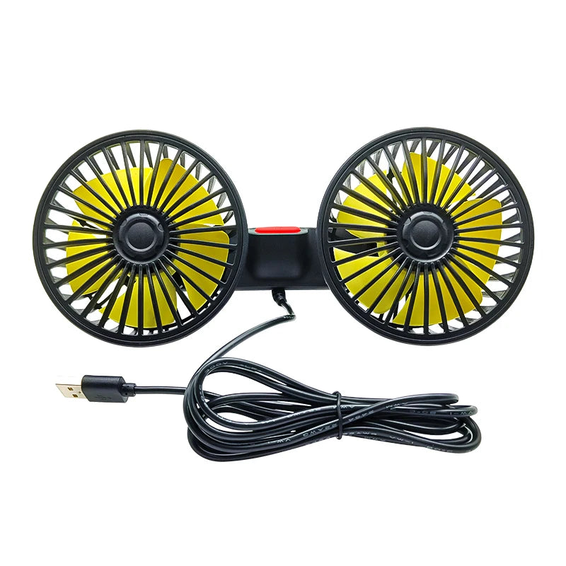 Product shot with yellow fan blades visible through the black grilles and coiled USB cable on white background