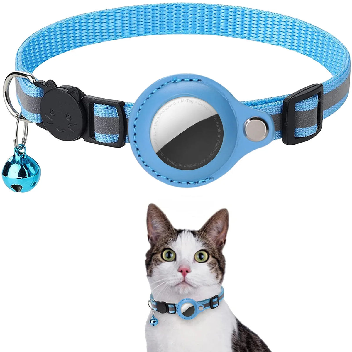 Blue striped collar with reflective stripe, AirTag holder, and bell charm; inset of a tabby-and-white cat wearing it