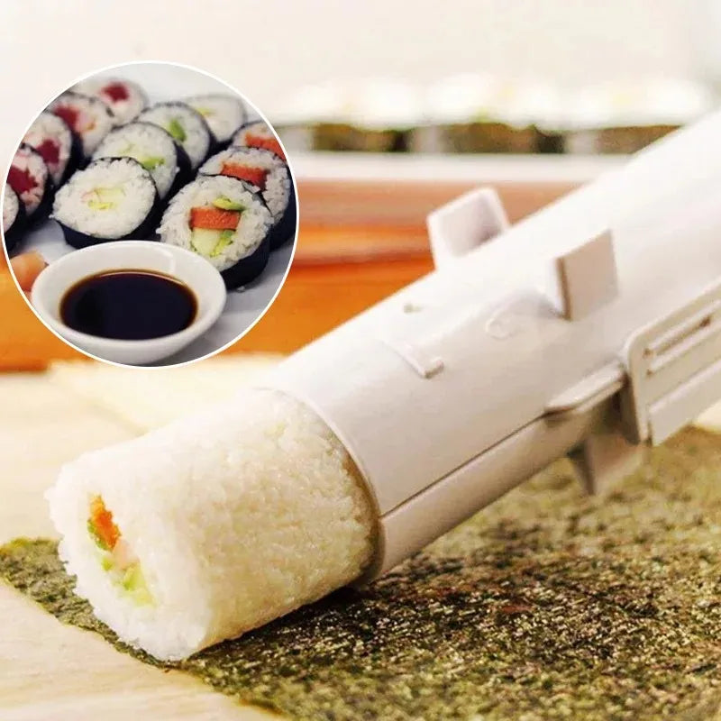 Close-up of the device pressing a finished rice roll onto a nori sheet, with inset of sliced sushi rolls in soy sauce