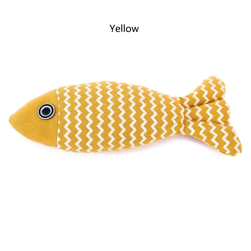 Yellow striped fabric fish toy with button eye, labeled Yellow, on white background