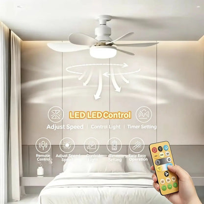 Fan light spinning in a bedroom with motion arrows illustrating airflow, remote speed and timer icons alongside