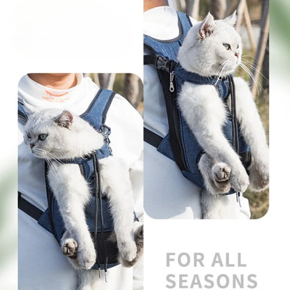 Two-panel photo of a person carrying a white cat in the blue front-carry backpack, close-up and wider views, text reads For All Seasons