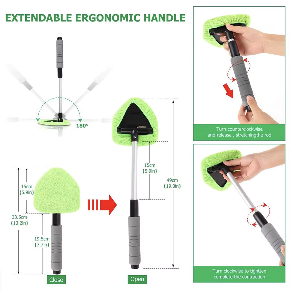 Diagram of the handle extending from 33.5cm to 49cm with twist-lock steps and 180-degree swivel