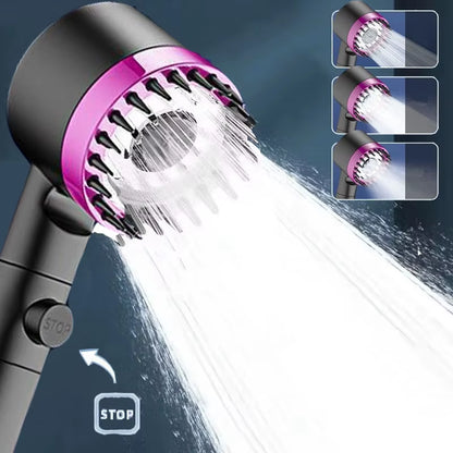 Black and purple shower head spraying water, with three spray-mode thumbnail insets shown top right