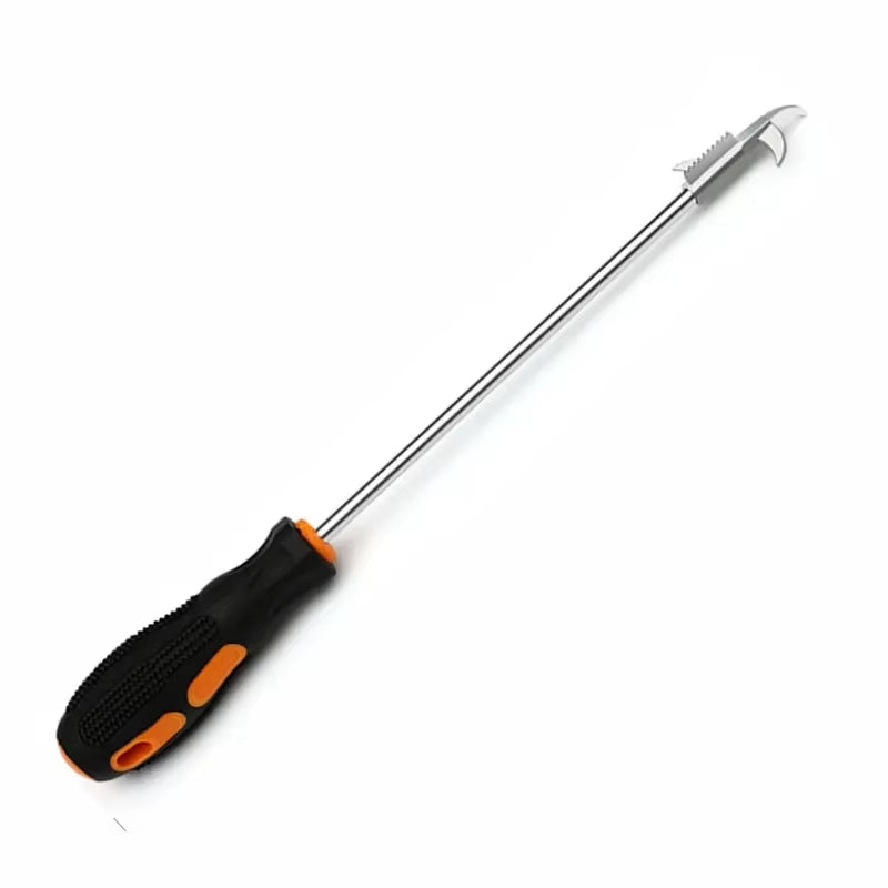 Full product shot of the tool with a black and orange handle and a curved serrated steel hook, on white background