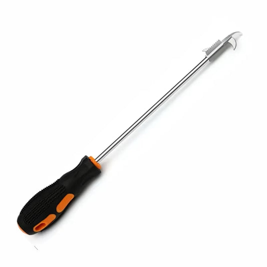 Full product shot of the tool with a black and orange handle and a curved serrated steel hook, on white background