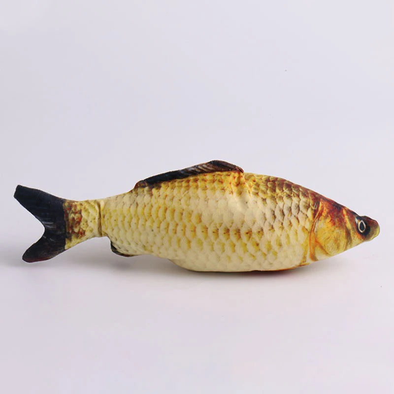 Realistic golden-yellow carp-print plush fish toy with red-orange head, side view on white background