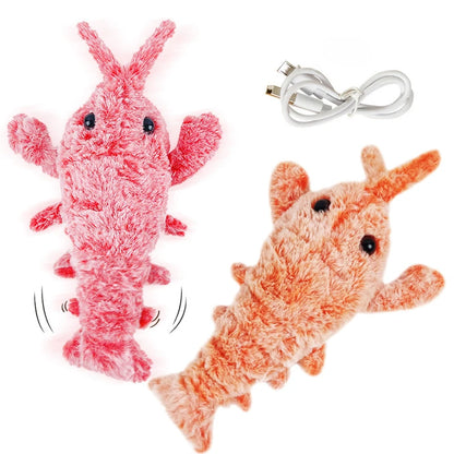 Pink plush lobster toy and orange plush shrimp toy side by side with a white USB charging cable, on white background