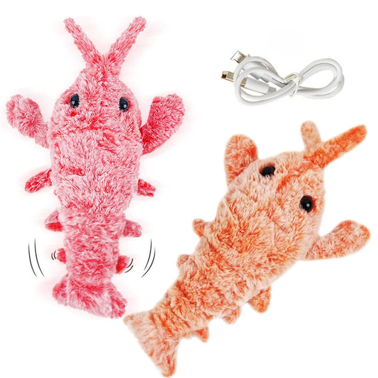 Pink plush lobster toy and orange plush shrimp toy side by side with a white USB charging cable, on white background
