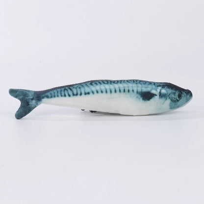 Realistic blue-grey mackerel-print plush fish toy, side view on white background