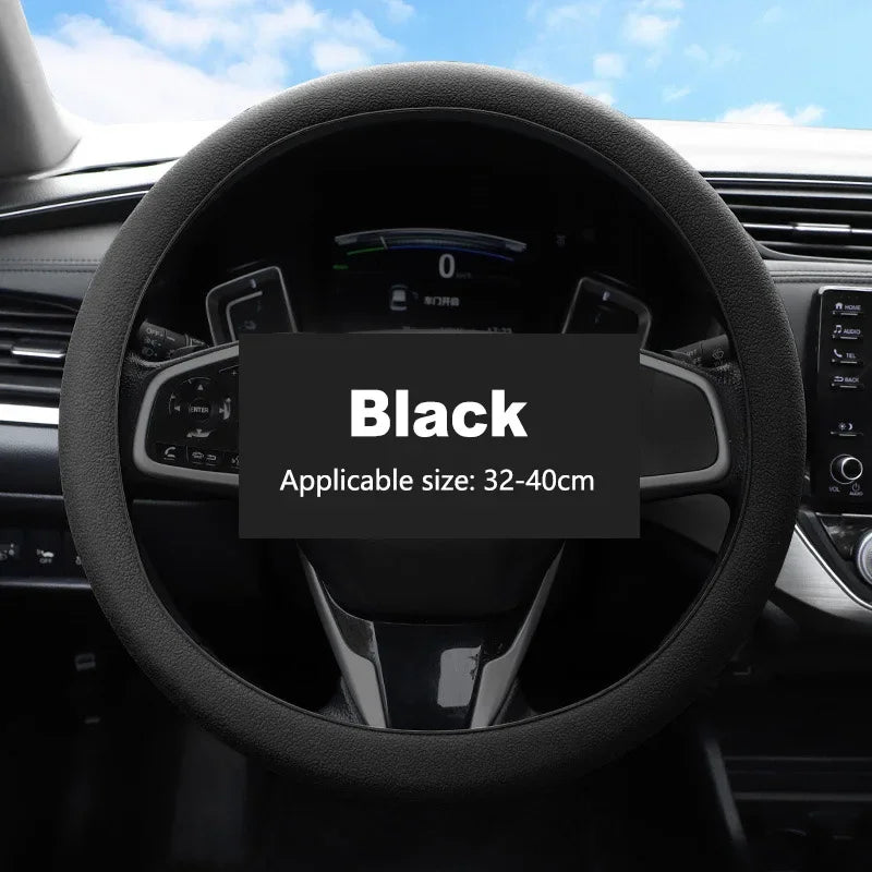 Black silicone cover fitted on a car steering wheel, labeled Black, applicable size 32-40cm