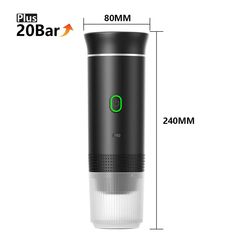 Black portable espresso machine on white background with 80mm width x 240mm height dimension lines and 20Bar badge