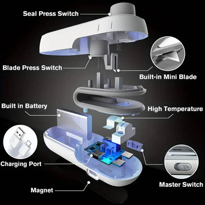 Exploded diagram labeling the seal switch, blade switch, mini blade, battery, charging port, and magnet