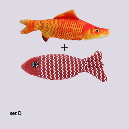 Realistic orange goldfish-print plush toy paired with a red striped fabric fish toy, labeled set D