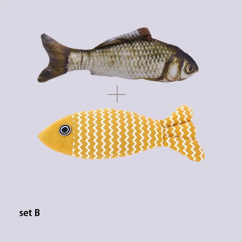 Realistic green carp-print plush toy paired with a yellow striped fabric fish toy, labeled set B
