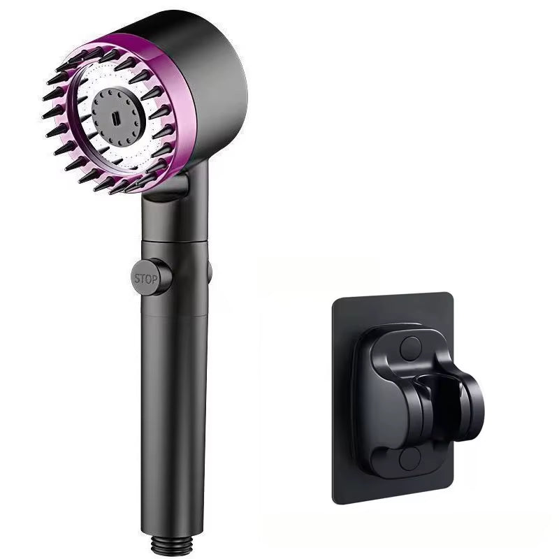 Black and purple shower head with a black wall-mount bracket, white background
