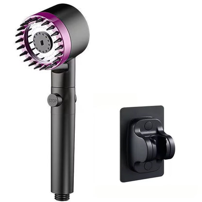 Black and purple shower head with a black wall-mount bracket, white background
