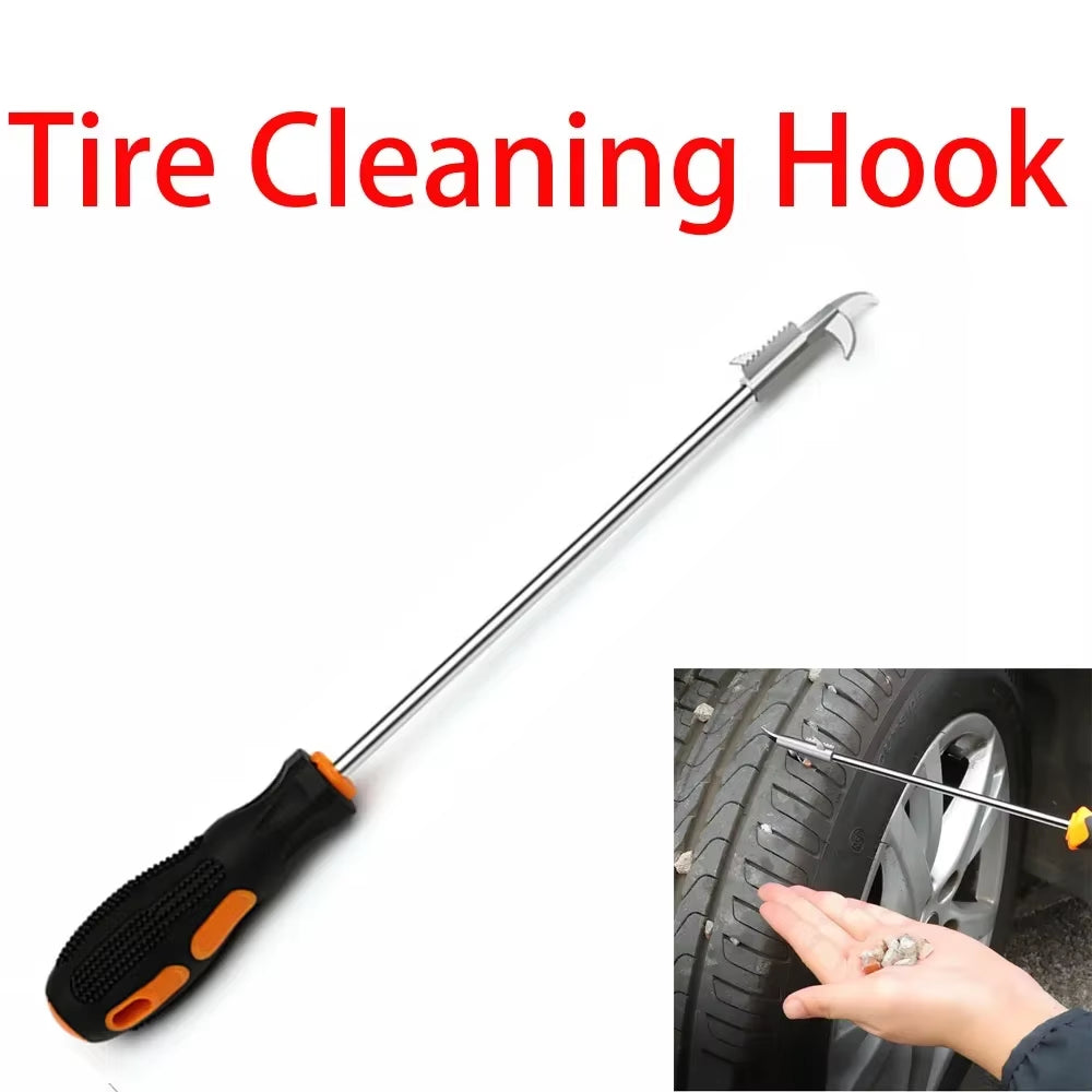Tool shown diagonally with a Tire Cleaning Hook text banner and an inset photo of the hook pulling a stone from a tire