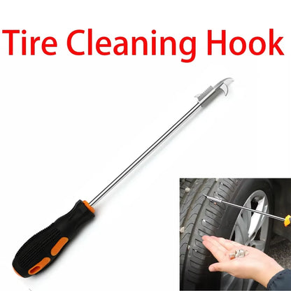 Tool shown diagonally with a Tire Cleaning Hook text banner and an inset photo of the hook pulling a stone from a tire