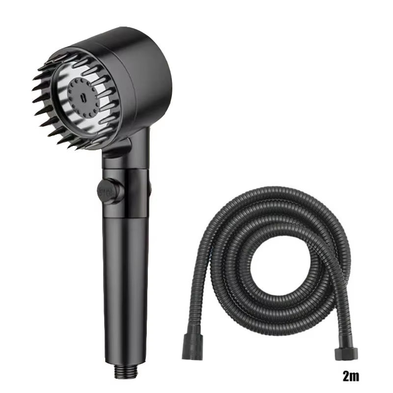 Plain black shower head with a coiled 2-meter black hose, white background