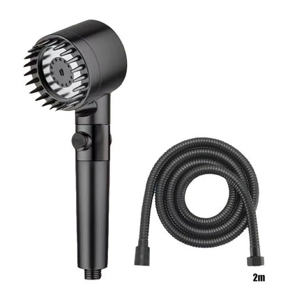 Plain black shower head with a coiled 2-meter black hose, white background