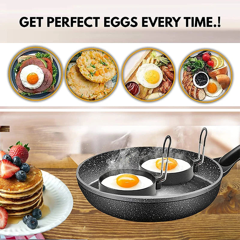 Four-photo collage of egg-topped dishes plus a pan frying two eggs in rings, titled Get Perfect Eggs Every Time