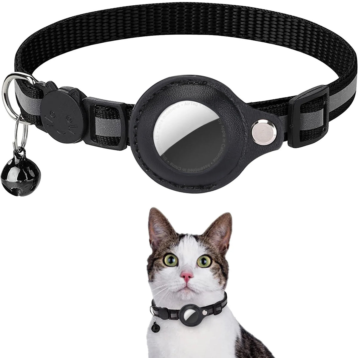 Black striped collar with reflective stripe, AirTag holder, and bell charm; inset of a tabby-and-white cat wearing it