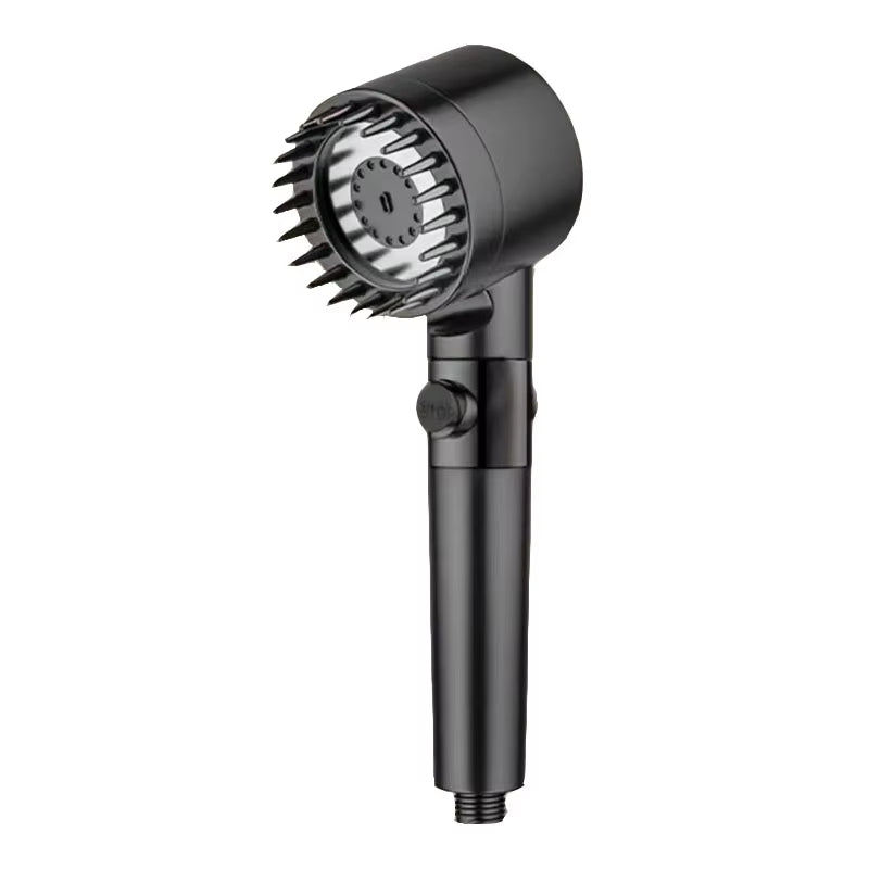 Plain black shower head shown alone at an angle, white background