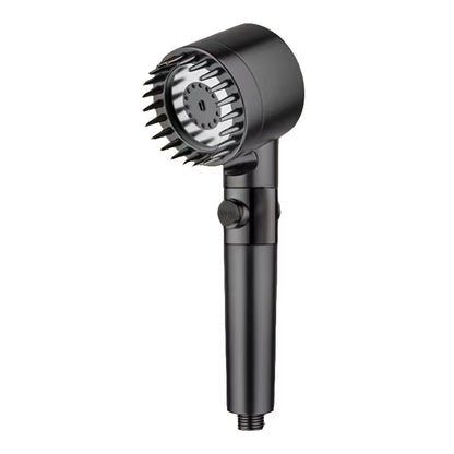 Plain black shower head shown alone at an angle, white background