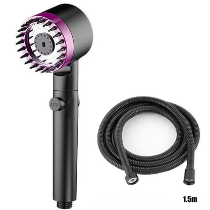 Black and purple shower head with a coiled 1.5-meter black hose, white background