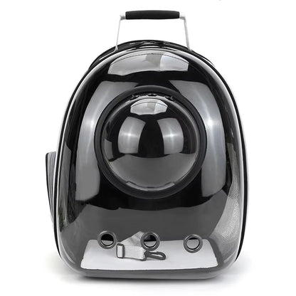 Front-facing studio shot of the empty black carrier backpack with bubble window and top handle