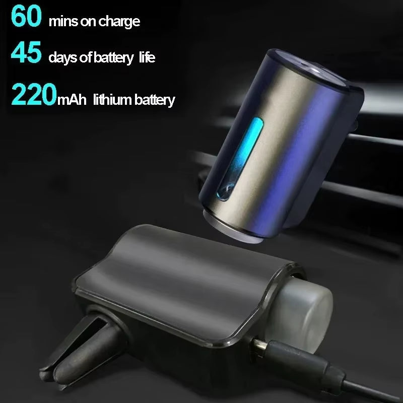 Diffuser mounted at an angle in a car air vent, with battery specs: 60-minute charge, 45-day life, 220mAh